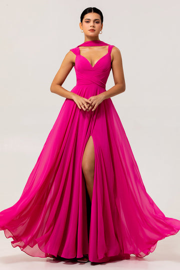 Fuchsia A Line Convertible Backless Chiffon Long Bridesmaid Dress with Slit